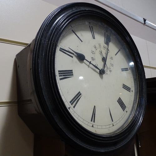 340 - A 19th century mahogany-cased drop dial tavern clock, with 38cm enamel dial, overall height 125cm