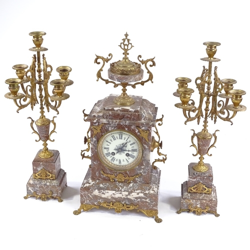 343 - A 19th century French coloured marble and ormolu-cased clock garniture, 8-day striking movement, wit... 