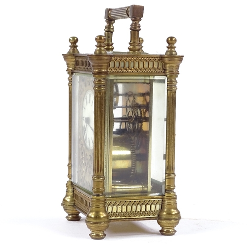 344 - An ornate French brass-cased carriage clock with fretwork decoration, 8-day movement, case height 12... 