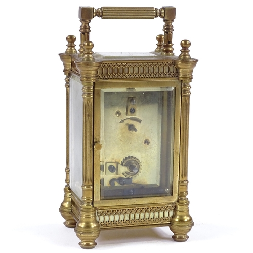 344 - An ornate French brass-cased carriage clock with fretwork decoration, 8-day movement, case height 12... 