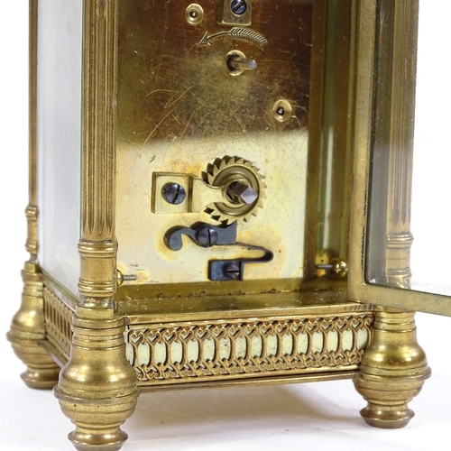 344 - An ornate French brass-cased carriage clock with fretwork decoration, 8-day movement, case height 12... 