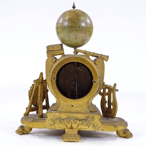 347 - A 19th century gilt-metal cased mantel clock, surmounted by a 3