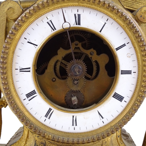 347 - A 19th century gilt-metal cased mantel clock, surmounted by a 3