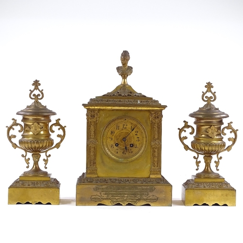 349 - A 19th century French gilt-bronze cased 3-piece clock garniture, surmounted by a bust of a woman, 8-... 