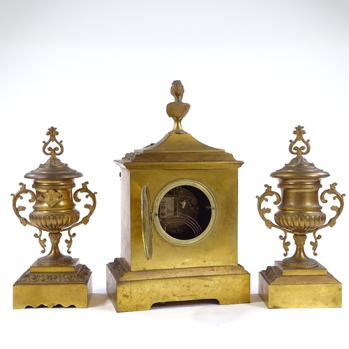 349 - A 19th century French gilt-bronze cased 3-piece clock garniture, surmounted by a bust of a woman, 8-... 