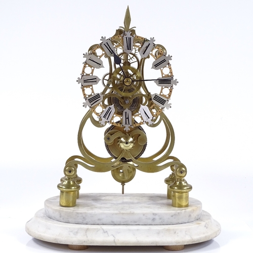 352 - A brass skeleton clock with single fusee chain-driven movement, white marble base, and silvered nume... 