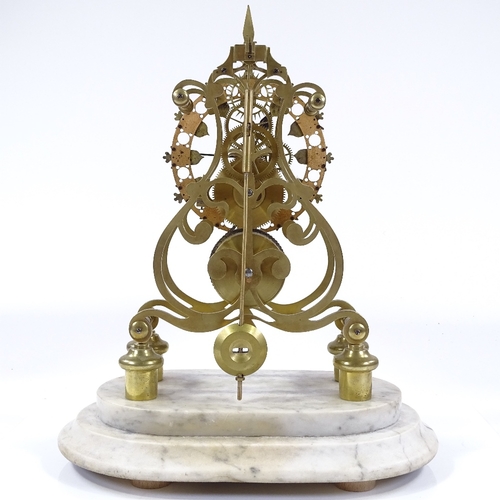 352 - A brass skeleton clock with single fusee chain-driven movement, white marble base, and silvered nume... 