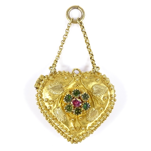 381 - A Victorian heart-shaped REGARD photo locket pendant, unmarked yellow metal settings with applied gr... 