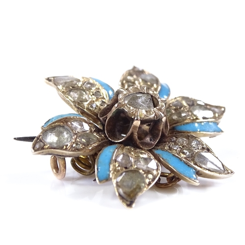 383 - An unmarked gold rose-cut diamond and blue enamel flowerhead brooch, diameter 28.4mm, 6.5g