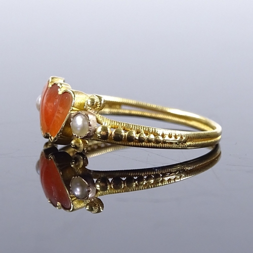 385 - A Georgian unmarked gold carved coral and split-pearl double-heart ring, with milled shank, setting ... 