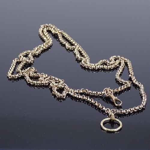 386 - A 9ct gold long belcher and faceted belcher link guard chain, with 2 dog clips, length 86cm, 64.4g