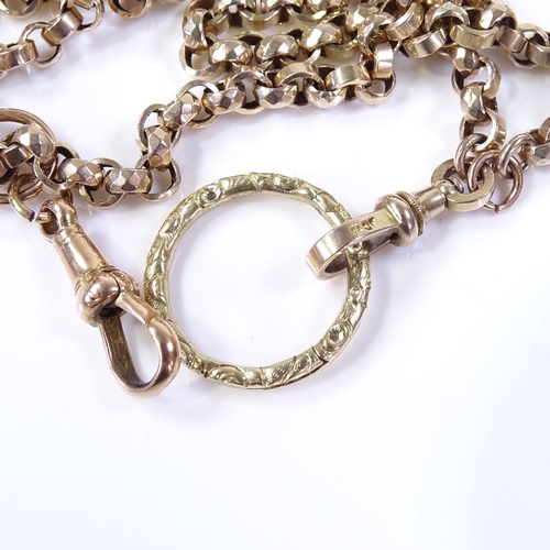 386 - A 9ct gold long belcher and faceted belcher link guard chain, with 2 dog clips, length 86cm, 64.4g