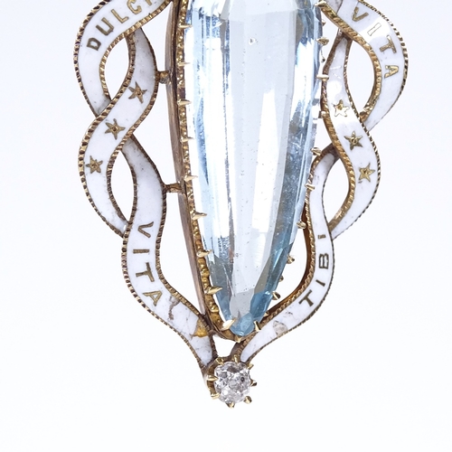 387 - An unmarked gold large aquamarine, diamond, and white enamel pendant, enamelled ribbon surround bear... 