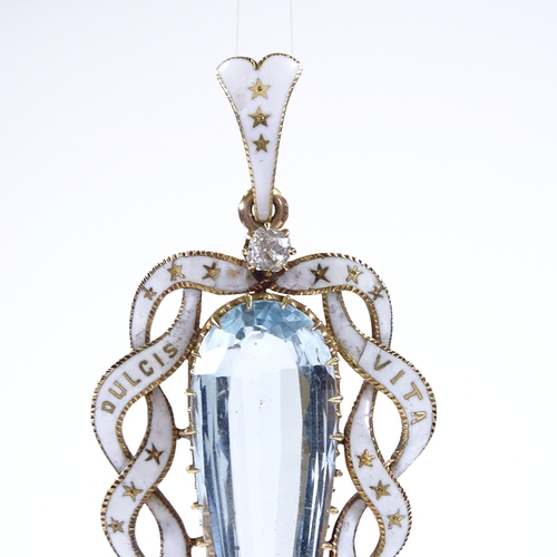 387 - An unmarked gold large aquamarine, diamond, and white enamel pendant, enamelled ribbon surround bear... 