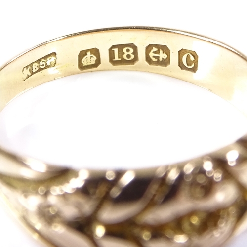 396 - An 18ct gold band ring, with engraved floral decoration, maker's marks KBSP, band width 6.9mm, size ... 