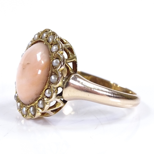 398 - An unmarked gold coral and split-pearl cluster ring, with pierced bridge and closed back setting, se... 