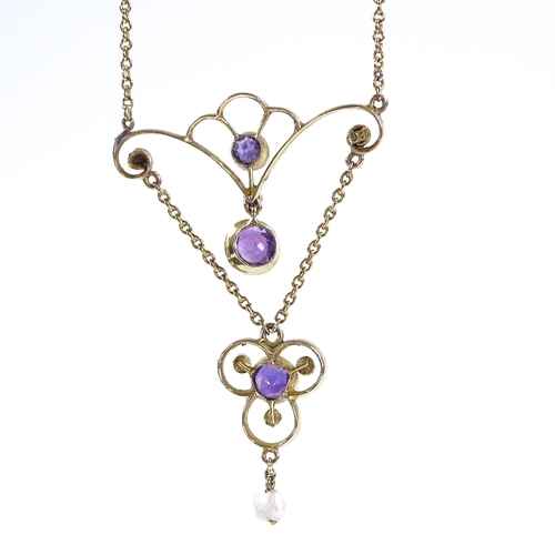 414 - A 9ct gold amethyst and pearl pendant necklace, stylised openwork settings on unmarked gold chain, p... 