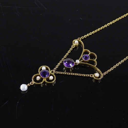 414 - A 9ct gold amethyst and pearl pendant necklace, stylised openwork settings on unmarked gold chain, p... 