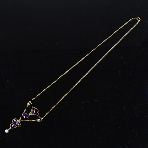 414 - A 9ct gold amethyst and pearl pendant necklace, stylised openwork settings on unmarked gold chain, p... 