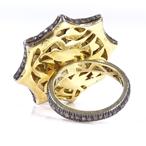 416 - A large unmarked gold Mughal/Moghul style diamond panel ring, set with approx 8ct to 10ct of table-c... 