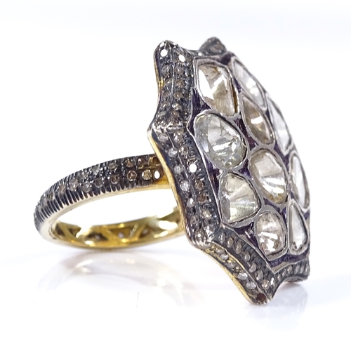 416 - A large unmarked gold Mughal/Moghul style diamond panel ring, set with approx 8ct to 10ct of table-c... 