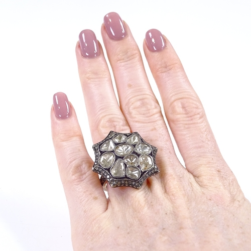 416 - A large unmarked gold Mughal/Moghul style diamond panel ring, set with approx 8ct to 10ct of table-c... 