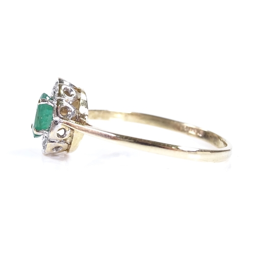 419 - A 9ct gold emerald and diamond cluster ring, setting height 9.6mm, size R, 1.4g