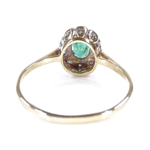 419 - A 9ct gold emerald and diamond cluster ring, setting height 9.6mm, size R, 1.4g