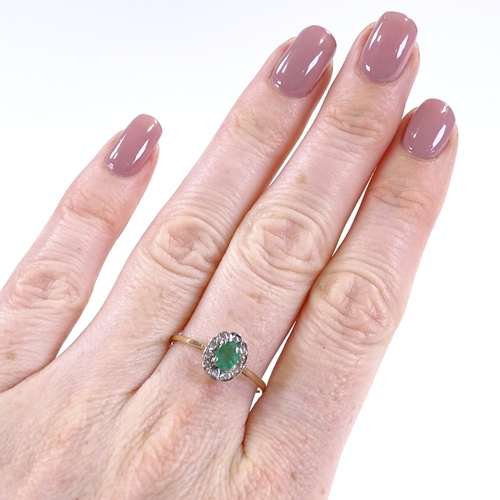 419 - A 9ct gold emerald and diamond cluster ring, setting height 9.6mm, size R, 1.4g