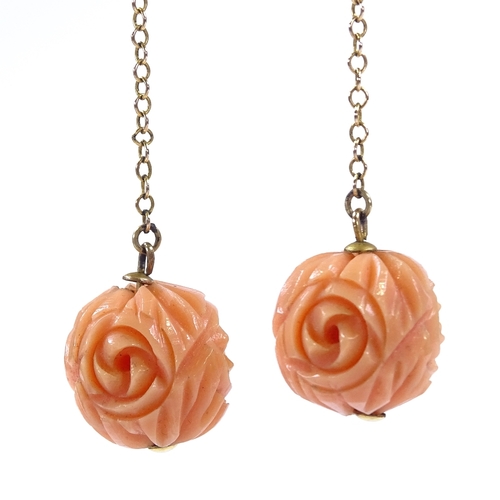 422 - A pair of floral carved coral drop earrings, unmarked silver shepherd hook fittings, coral diameter ... 