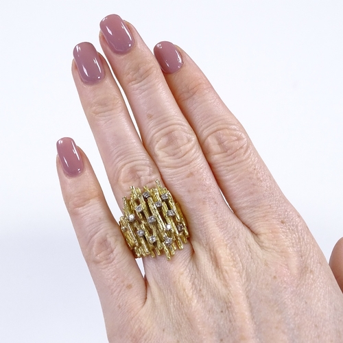 426 - A 1970s large unmarked gold and diamond naturalistic cocktail ring, pierced all over, unmarked setti... 