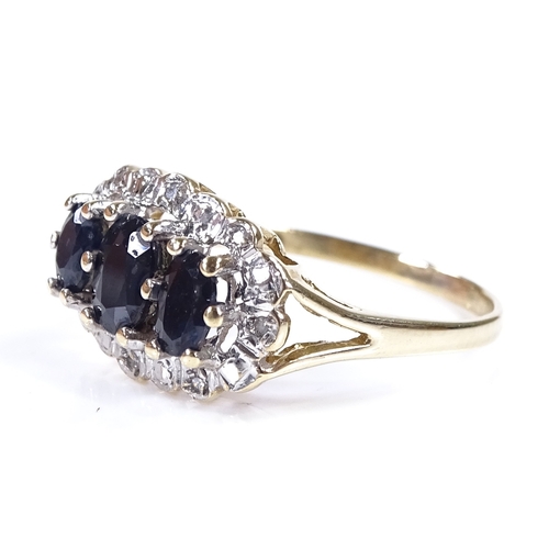 432 - A 9ct gold sapphire and diamond triple cluster ring, setting height 10.4mm, size O, 2.1g