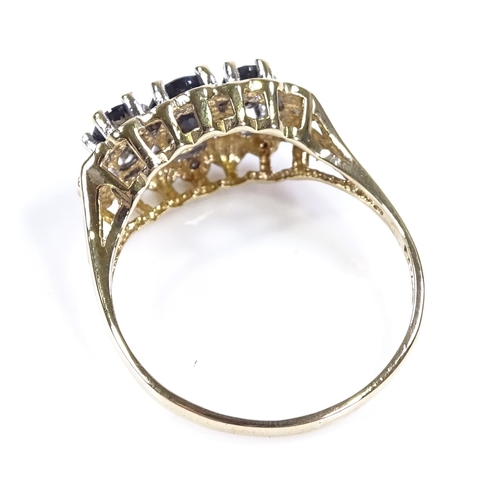 432 - A 9ct gold sapphire and diamond triple cluster ring, setting height 10.4mm, size O, 2.1g