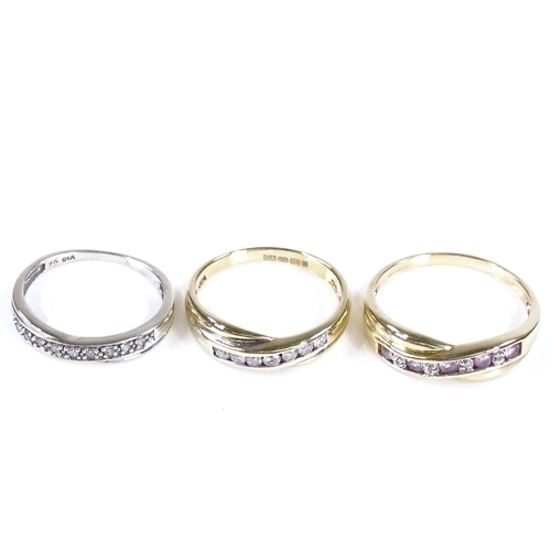 434 - 3 9ct gold diamond and stone set crossover rings, largest size R, 5.7g total (3)