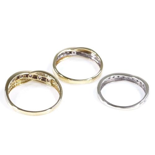 434 - 3 9ct gold diamond and stone set crossover rings, largest size R, 5.7g total (3)