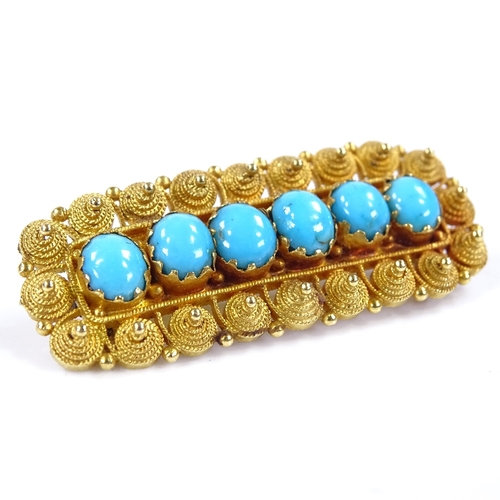 436 - A Georgian unmarked gold 6-stone turquoise panel brooch, with central line of cabochon stones, withi... 