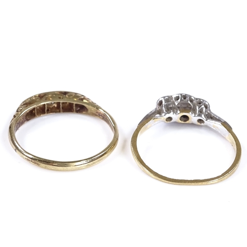 437 - An 18ct gold 3-stone diamond dress ring, setting height 4.6mm, size J, 1.6g, together with an unmark... 