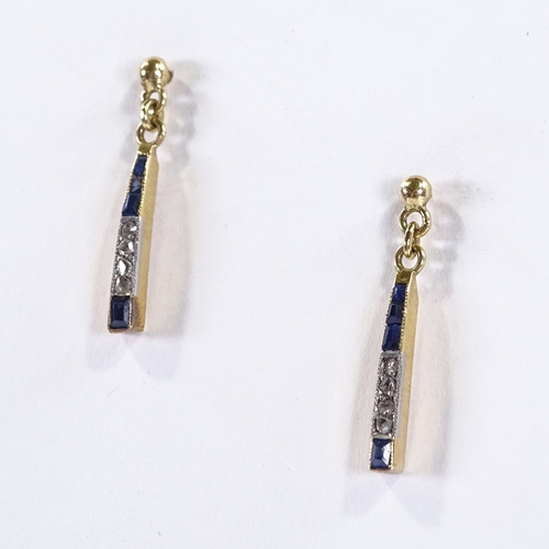 446 - A pair of unmarked gold sapphire and rose-cut diamond pendant earrings, with stud fittings, pendant ... 