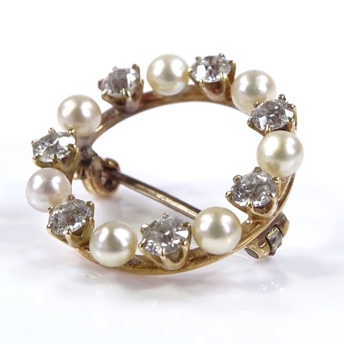 449 - An Antique circular pearl and diamond brooch, with alternating stones, diameter 20.5mm, 2.7g