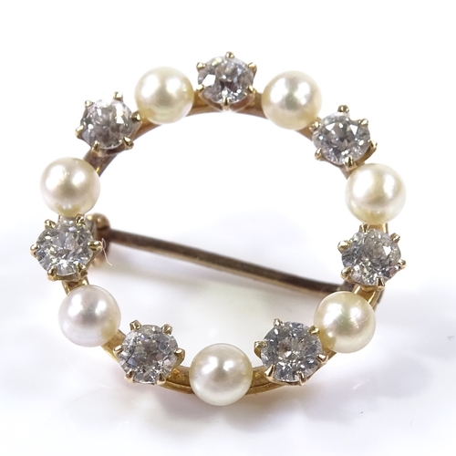 449 - An Antique circular pearl and diamond brooch, with alternating stones, diameter 20.5mm, 2.7g