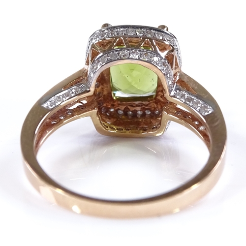 451 - A 14ct rose gold peridot and diamond dress ring, with diamond set shoulders and bridge, setting heig... 