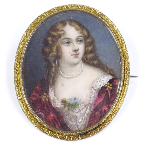 464 - A Georgian double-sided miniature portrait brooch, depicting lady in dress, in unmarked yellow metal... 