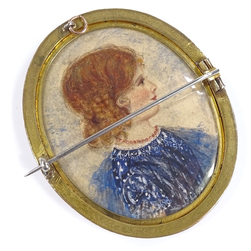 464 - A Georgian double-sided miniature portrait brooch, depicting lady in dress, in unmarked yellow metal... 