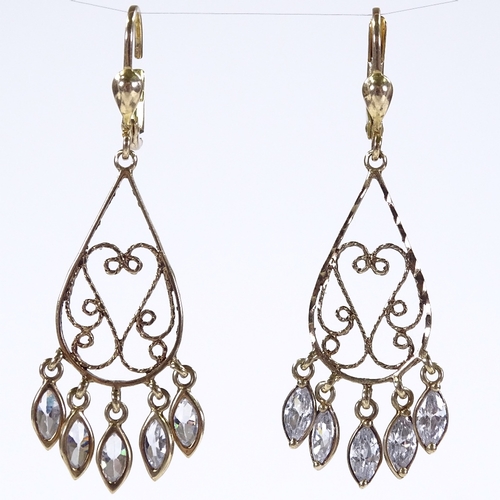 467 - A pair of 9ct gold marquise-cut white stone drop earrings, openwork heart settings, height excluding... 