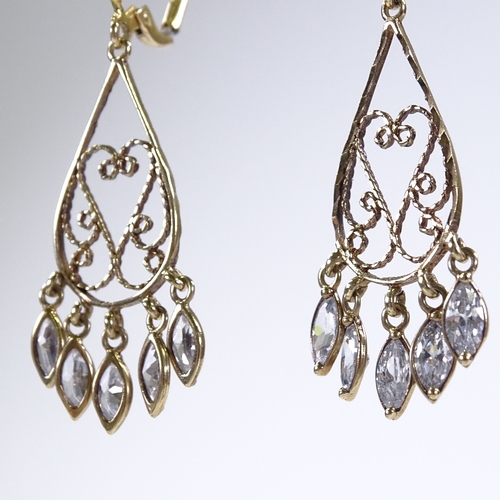 467 - A pair of 9ct gold marquise-cut white stone drop earrings, openwork heart settings, height excluding... 