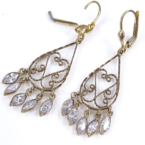 467 - A pair of 9ct gold marquise-cut white stone drop earrings, openwork heart settings, height excluding... 