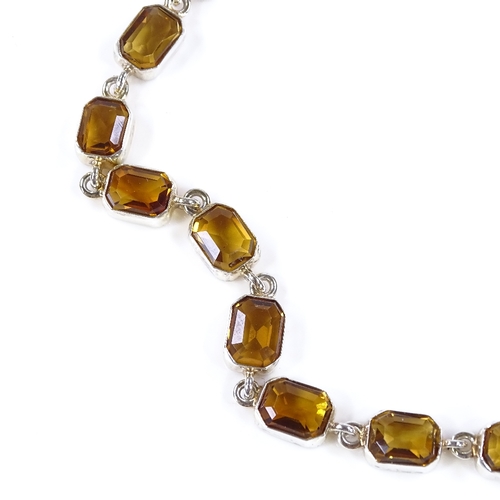 470 - A Continental silver citrine panel bracelet, bracelet length 20cm, 10g