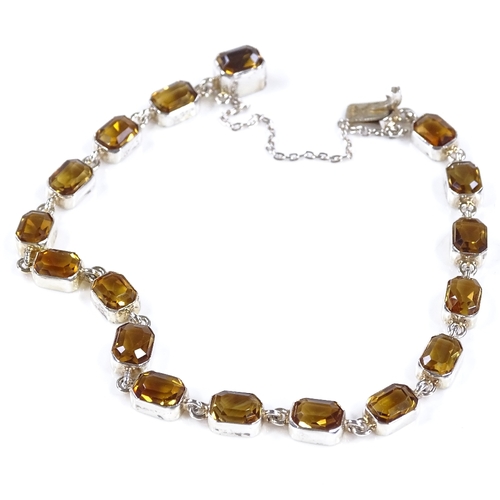 470 - A Continental silver citrine panel bracelet, bracelet length 20cm, 10g