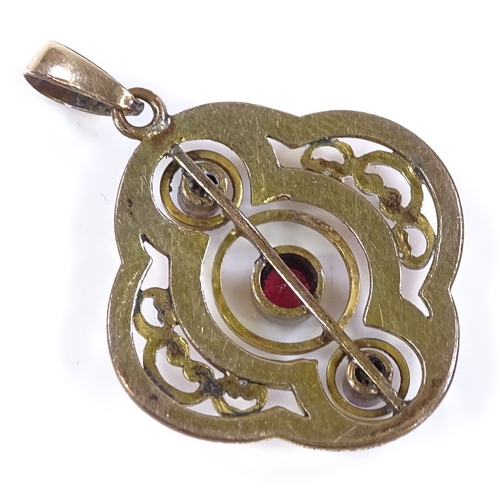 481 - An unmarked gold garnet and split-pearl pendant, openwork stylised settings, height excluding bale 2... 