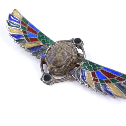 484 - A Continental silver Egyptian revival style winged scarab brooch, with plique a jour enamel panels, ... 